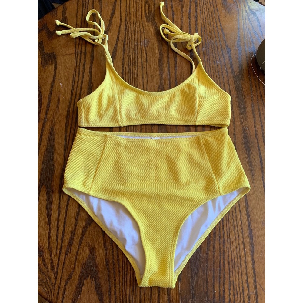 Yellow Textured High Waist Bikini Set Tie Shoulder Medium Retro Vine